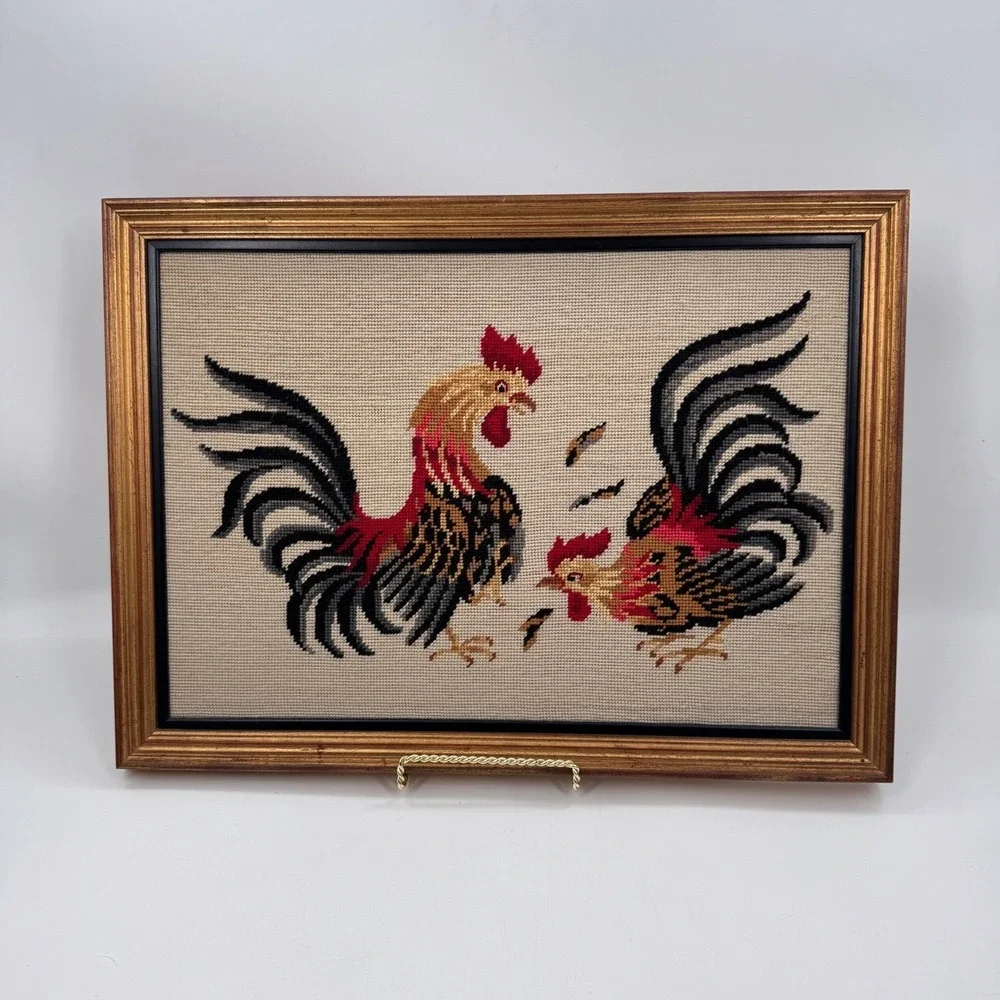 Vintage Roosters Needlepoint Traditional Americana Art